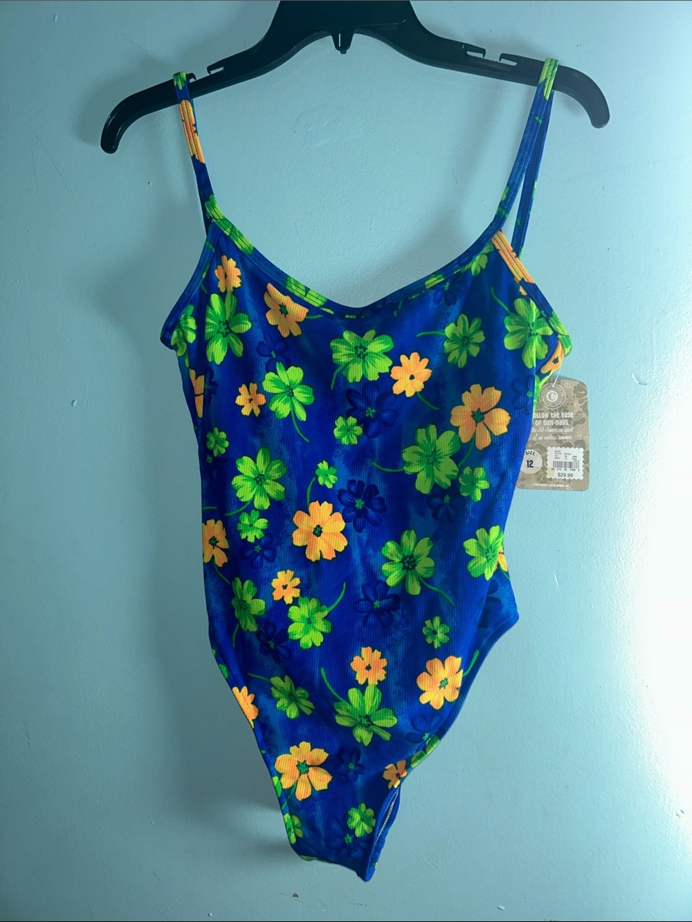 Floral Blue One-Piece Swimsuit with Green & Yellow Flowers